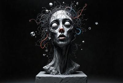 The primary subject of the image is a sculpture of a head, which appears to be made of wire and features a woman's face. The setting is a dark room, and the visual style is a combination of digital art and illustration. The colors in the image are predominantly black and white, giving the sculpture a dramatic and artistic appearance. The overall mood of the image is mysterious and intriguing, as the viewer is drawn to the unique and captivating artwork.